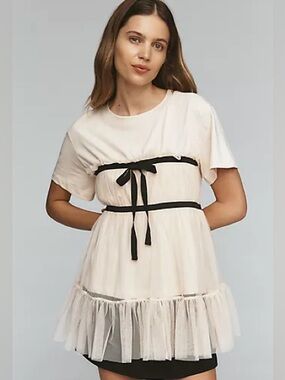 Anthropologie Blush Pink Tulle Ruffle Babydoll Top with Black Ribbon
